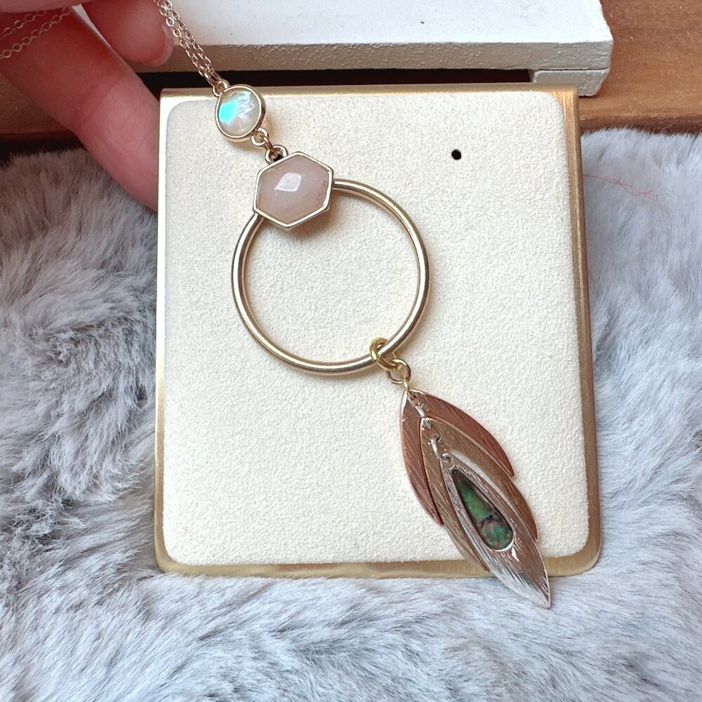 Mother of Pearl, Abalone, and Rose Quartz Geometric Feather Pendant Necklace